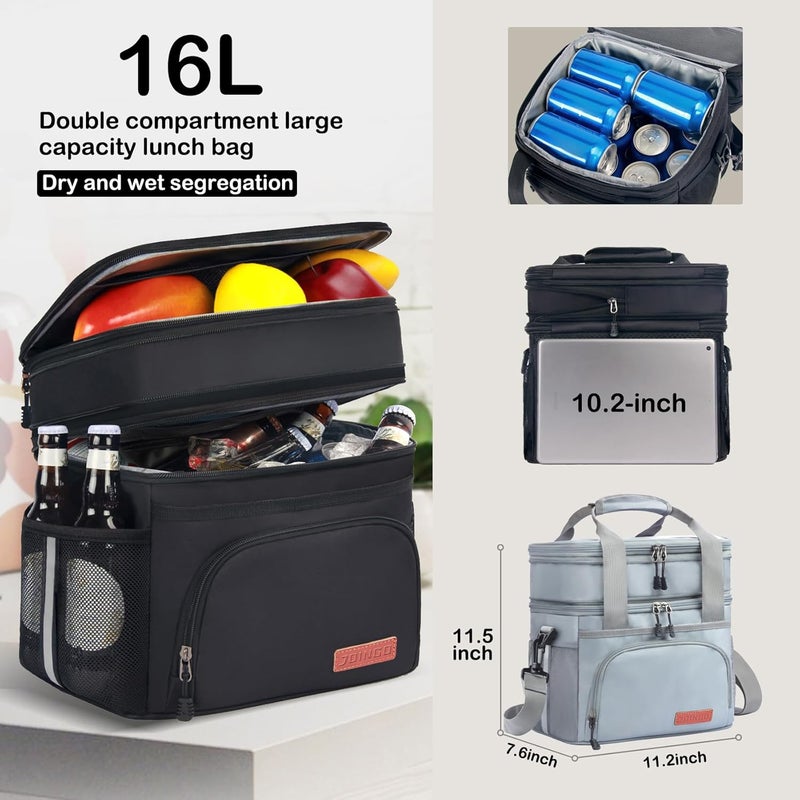 JOINGO Lunch Box For Men/Women,Large Double-layer Insulated Expandable Reusable Leakproof Cooler Bags For Adults,Lunch Bag With Adjustable Shoulder Strap For Office Travel Picnic（Gray） - Image 2